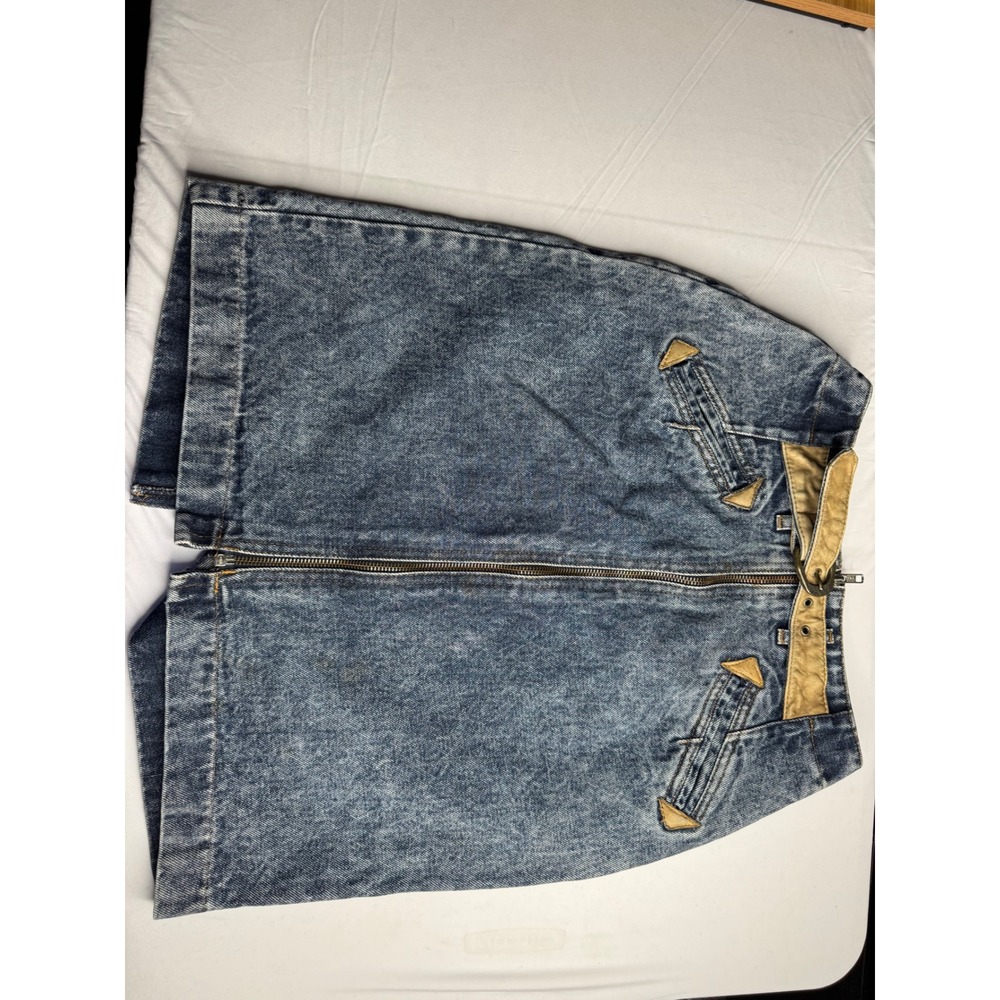 Weathered Blues Vintage Acid Wash Denim Mini Skirt Leather Trim Western Size 10